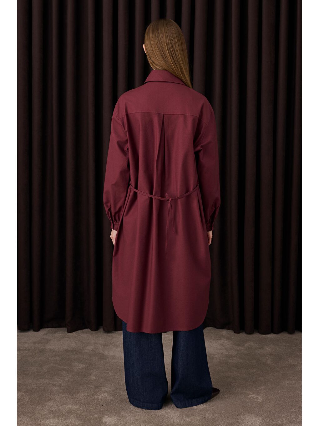 Uzun Büzgü Detaylı Gömlek Bordo-4