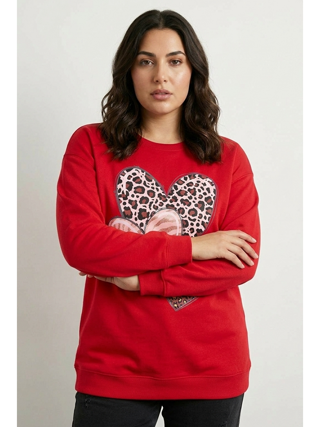 Kırmızı Bisiklet Yaka Uzun Kollu Baskılı Esnek Kumaşlı Sweatshirt-1