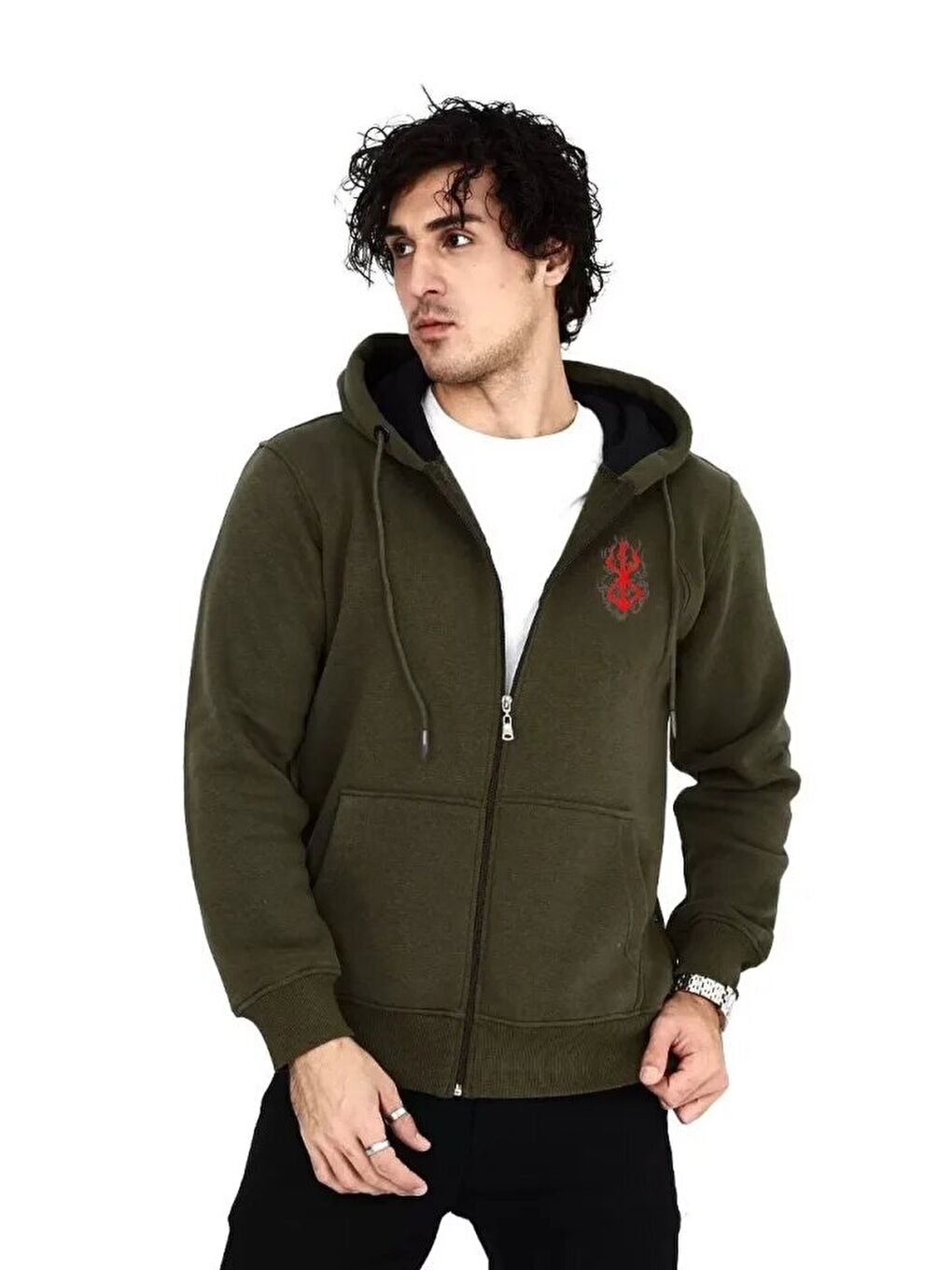 Unisex Baskılı Tam Fermuarlı Kapüşonlu SweatShirt - Haki