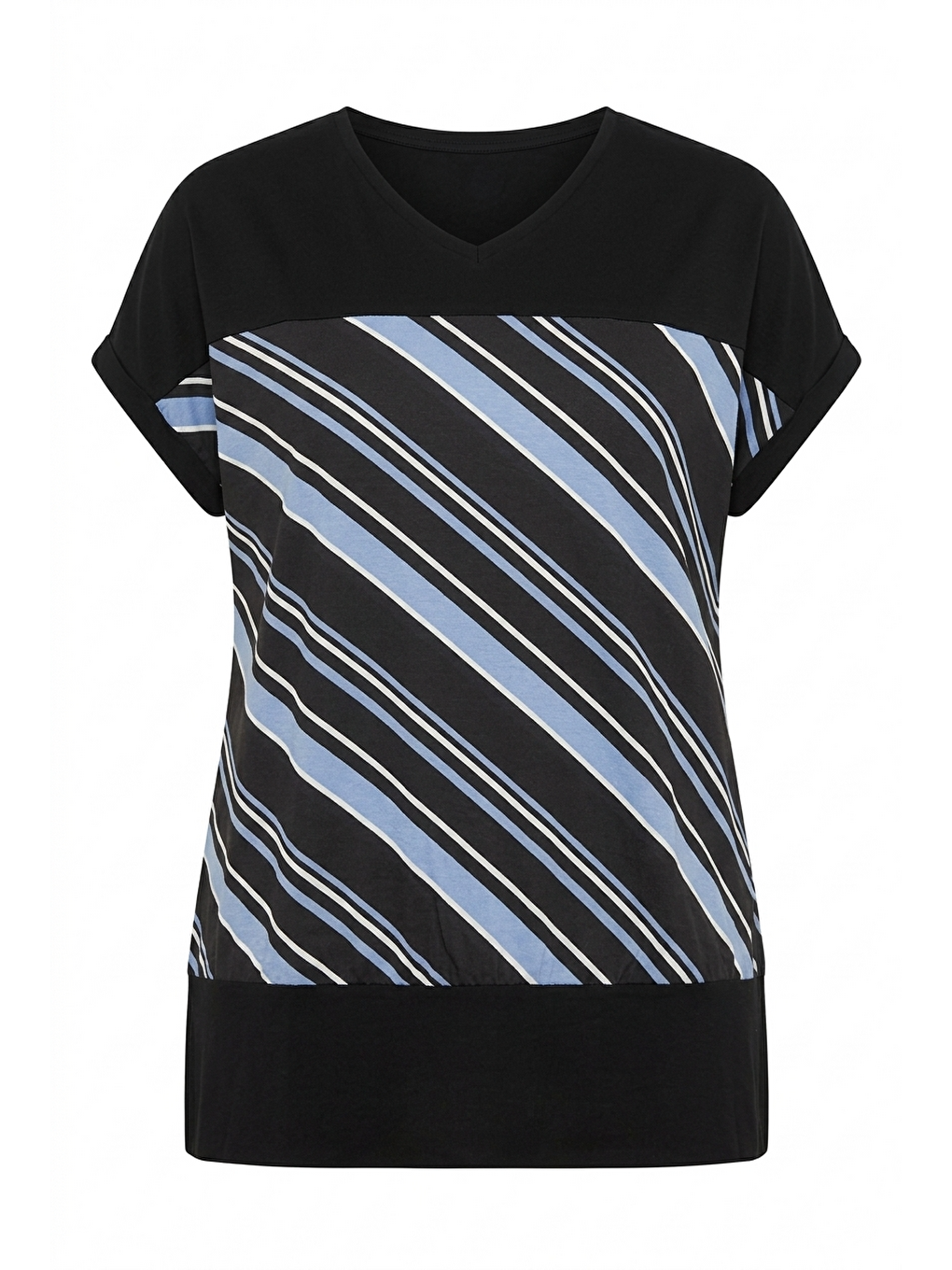 Mavi V Yaka Kısa Kollu Çizgili Esnek Kumaşlı T-shirt-4