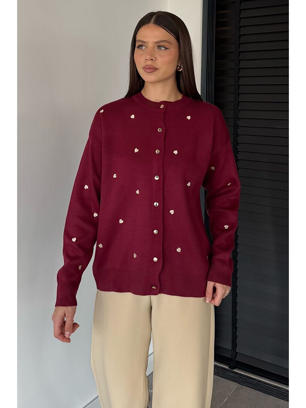 Bordo Kadın Kalp Nakışlı Triko Hırka (s-m-l Uyumludur)-2