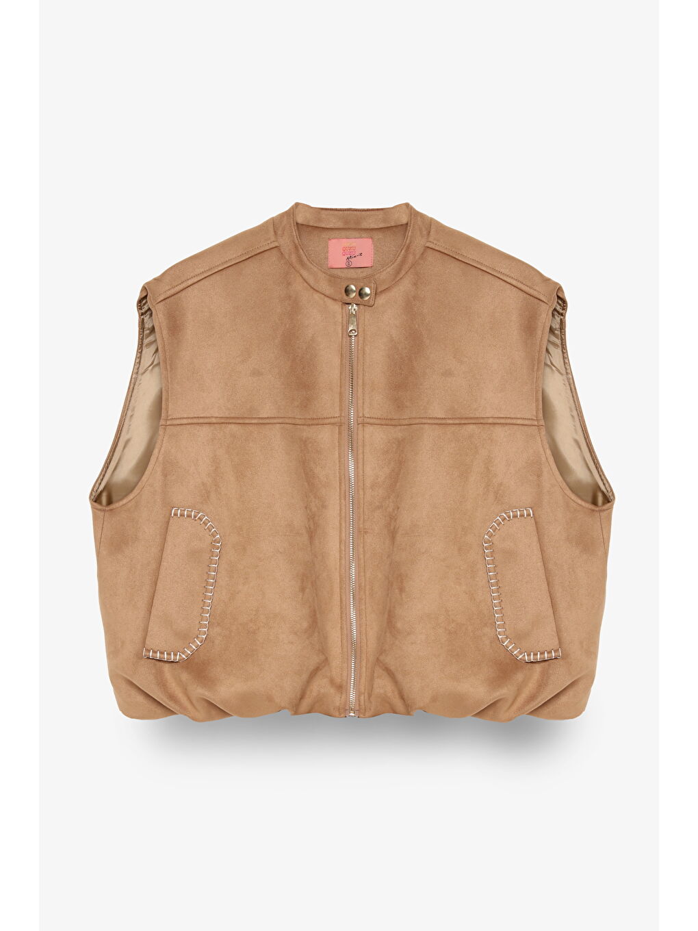 Zikzak Dikiş Detaylı Beli Lastikli Süet Görünümlü Yelek Bej-1