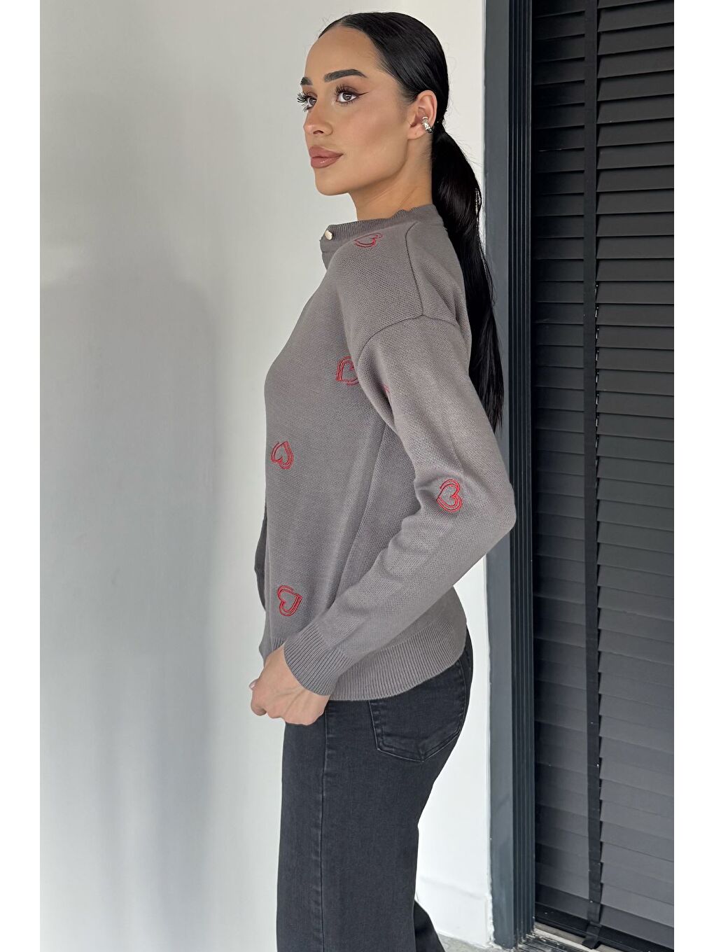 Gri Kalp Nakışlı Kadın Triko Hırka (s-m-l Uyumludur)-3
