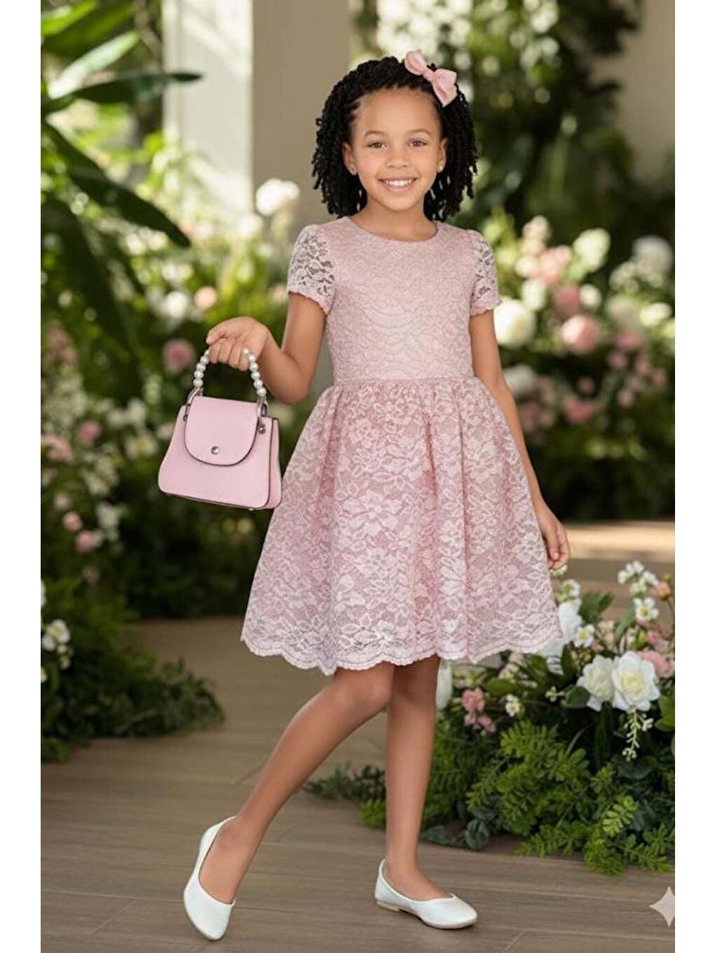 Pembe Kız Çocuk Üzeri Dantel İşlemeli İçi Astarlı Simli Pudra Abiye-1