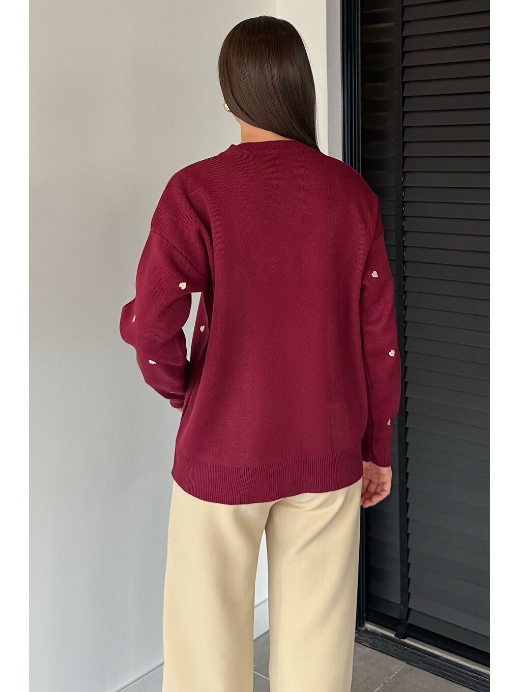 Bordo Kadın Kalp Nakışlı Triko Hırka (s-m-l Uyumludur)-3