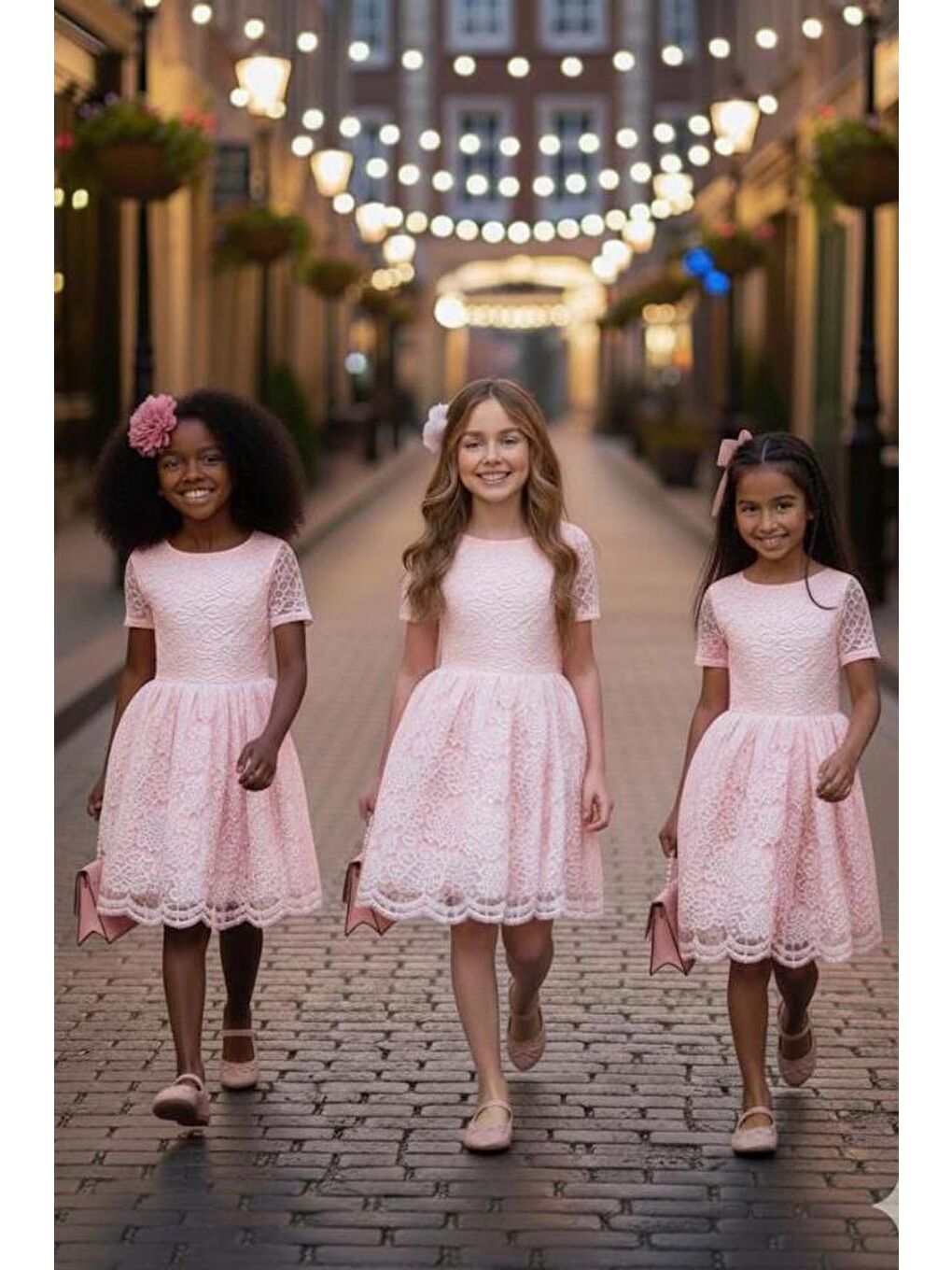 Pembe Kız Çocuk Üzeri Dantel İşlemeli İçi Astarlı Simli Pudra Abiye-2