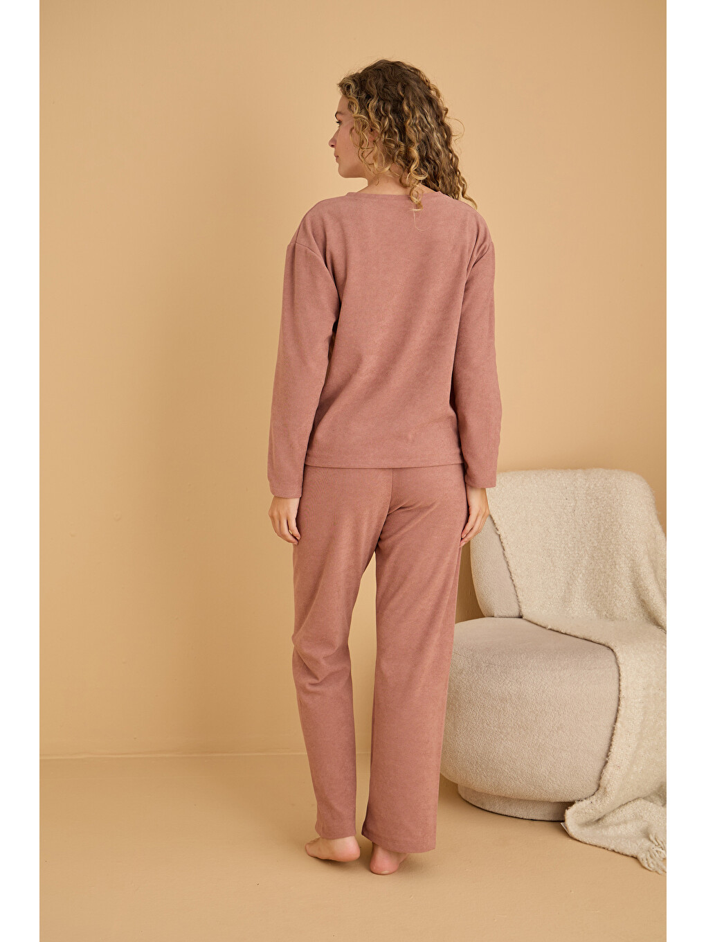 Pembe Pudra Nakışlı Havlu Kumaş Örme Pijama Takım25226008-2