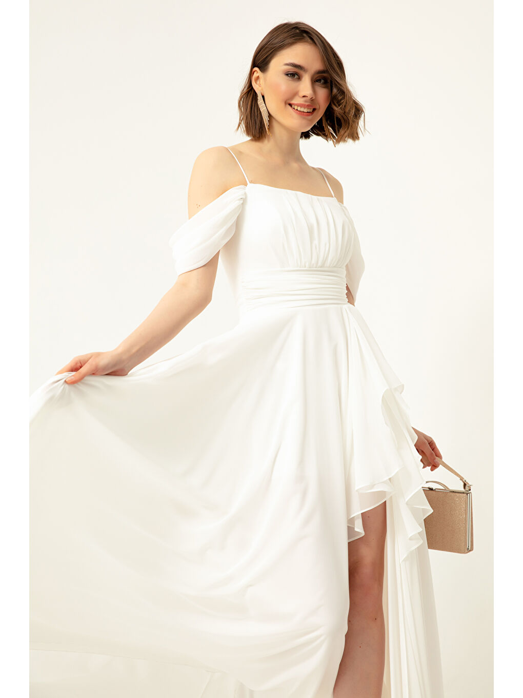 Kadın Beyaz Kayık Yaka Şifon Abiye Elbise