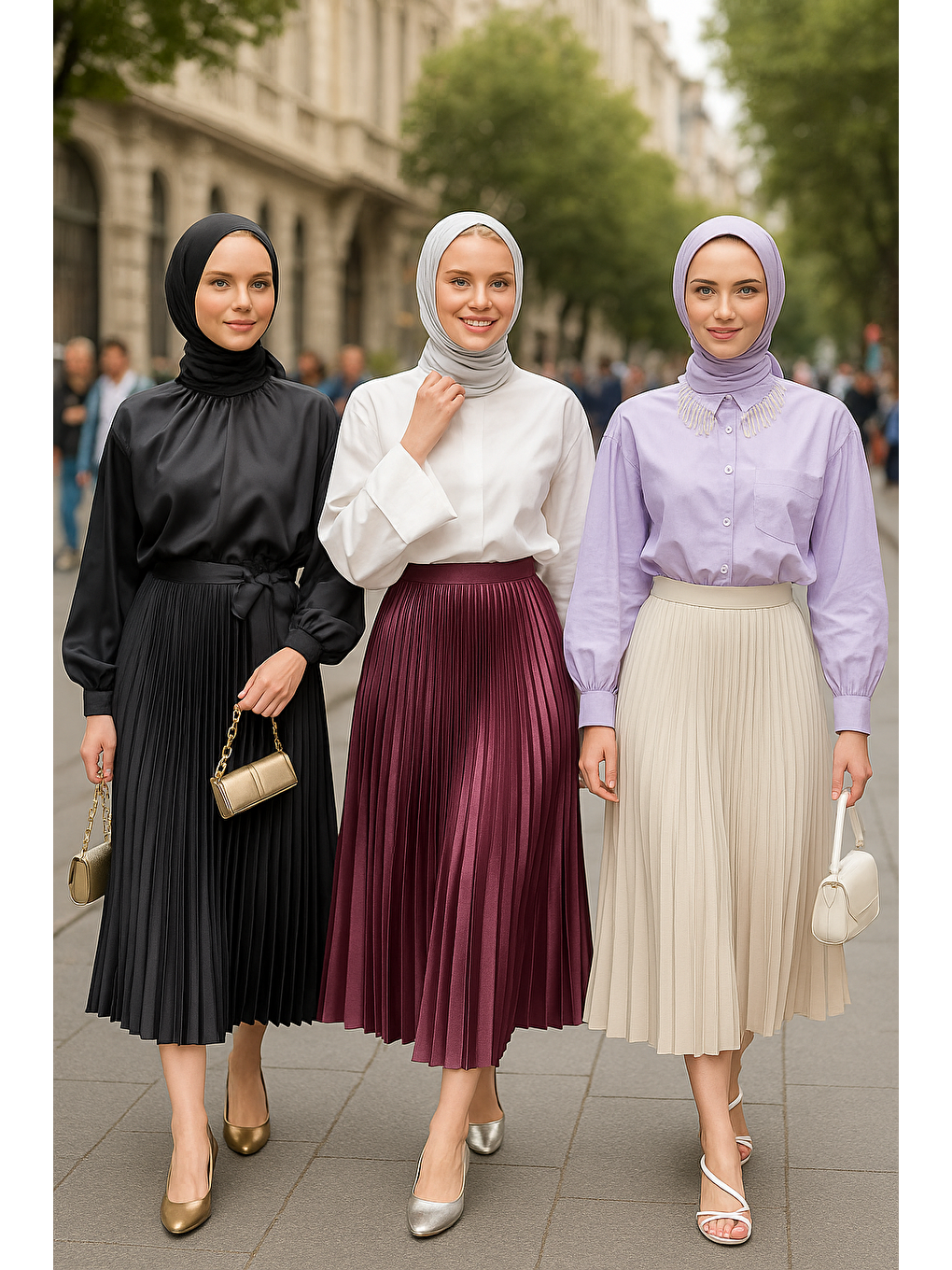 Ekru Kadın 3Lü Paket Lastikli Pilise Bol Yazlık Uzun Etek