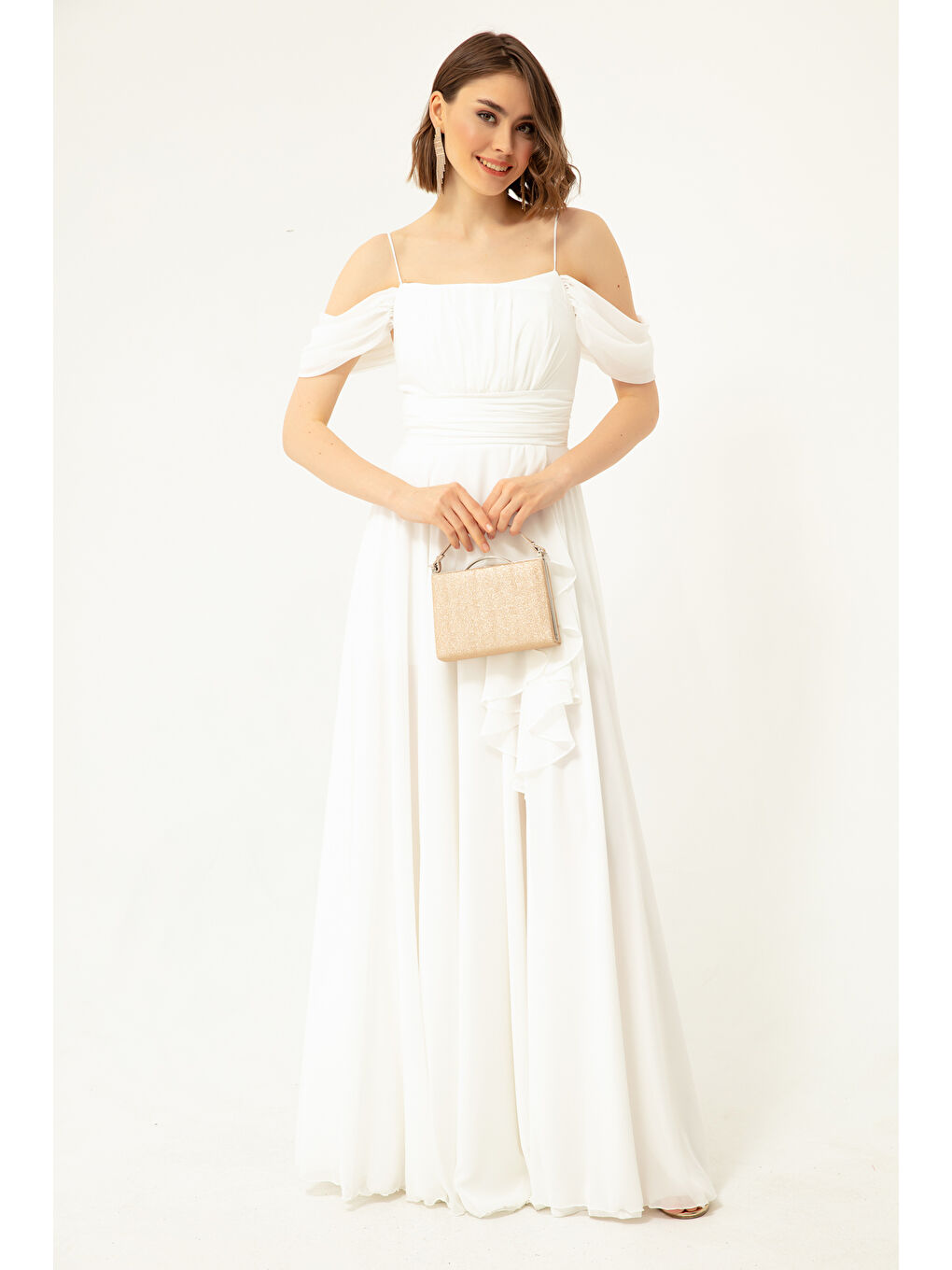 Kadın Beyaz Kayık Yaka Şifon Abiye Elbise-2