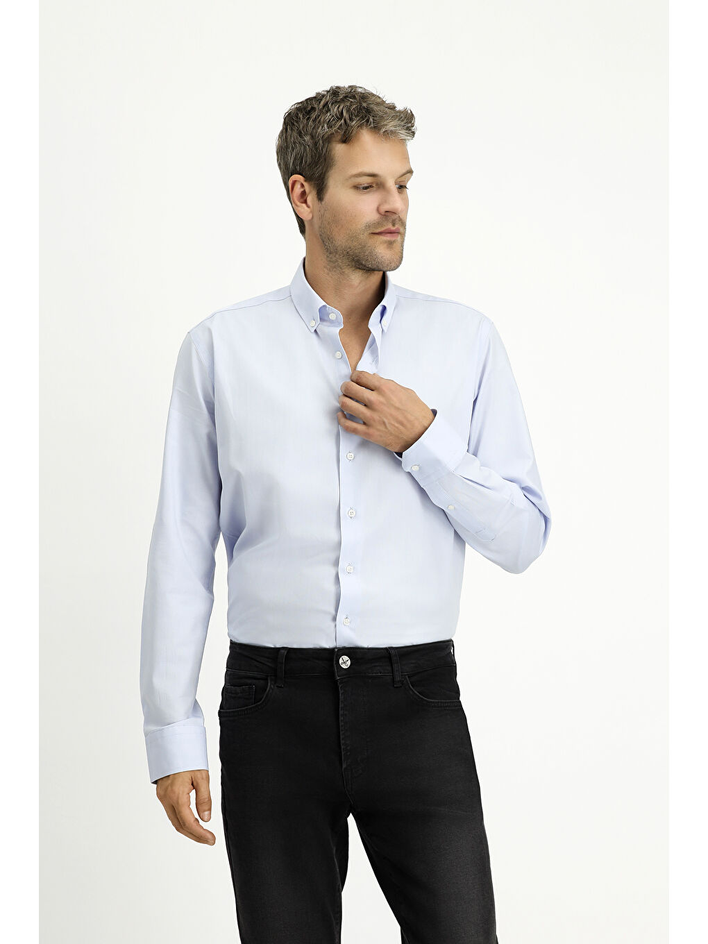 Mavi Uzun Kol Slim Fit Dar Kesim Pamuk Oxford %100 Pamuk Gömlek