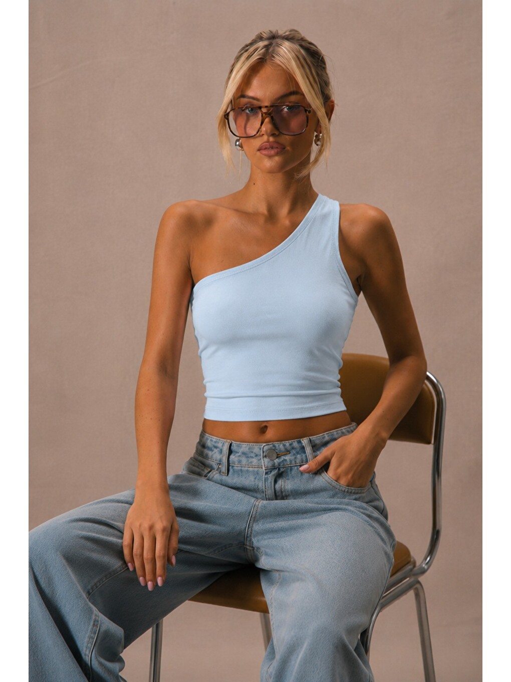 Mavi Kadın Tek Omuz Crop Atlet Esnek Slim Fit Süprem Kumaş Asimetrik Yaka Bluz-1