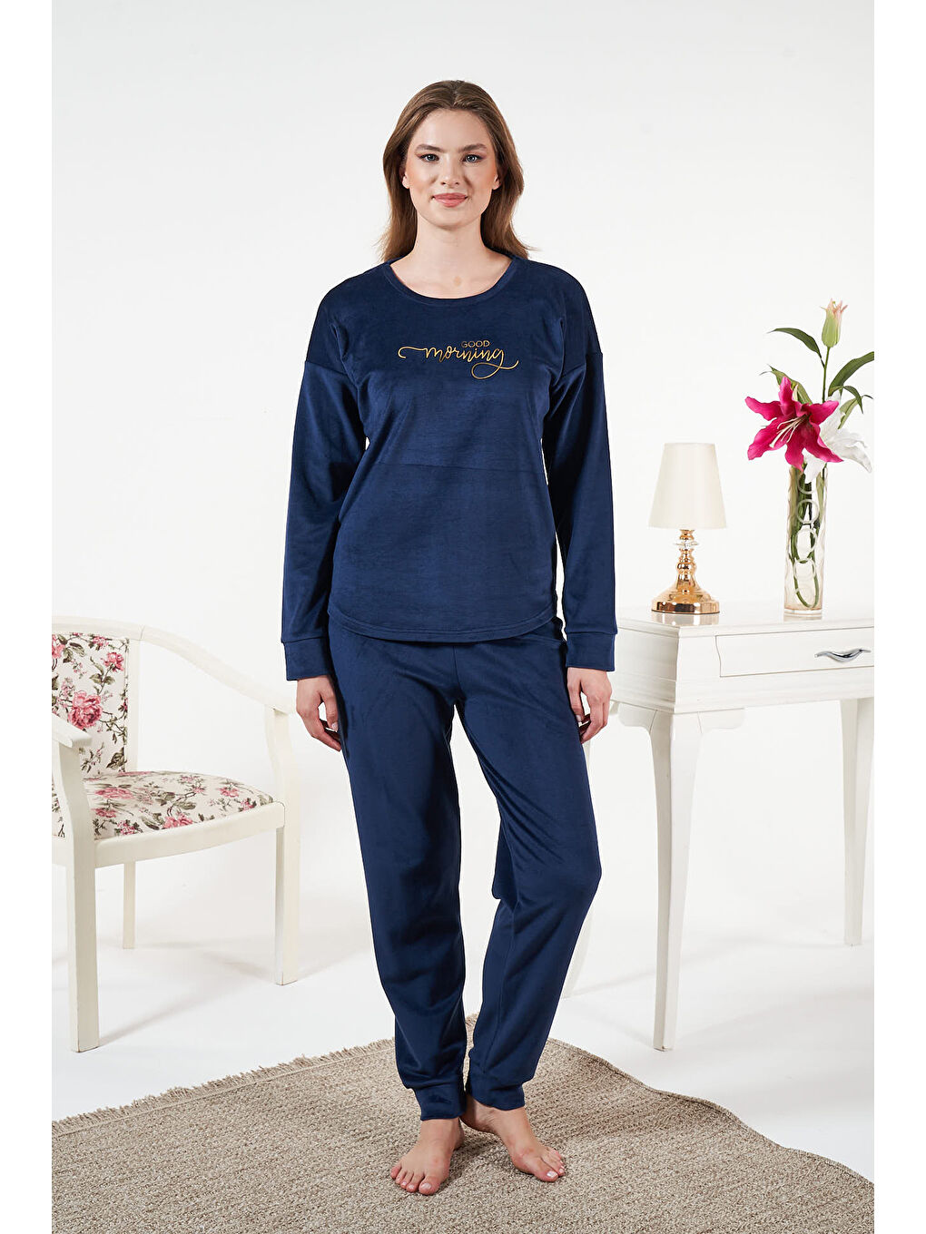 Kadın Kadife Pijama Takımı 25386 Lacivert-1