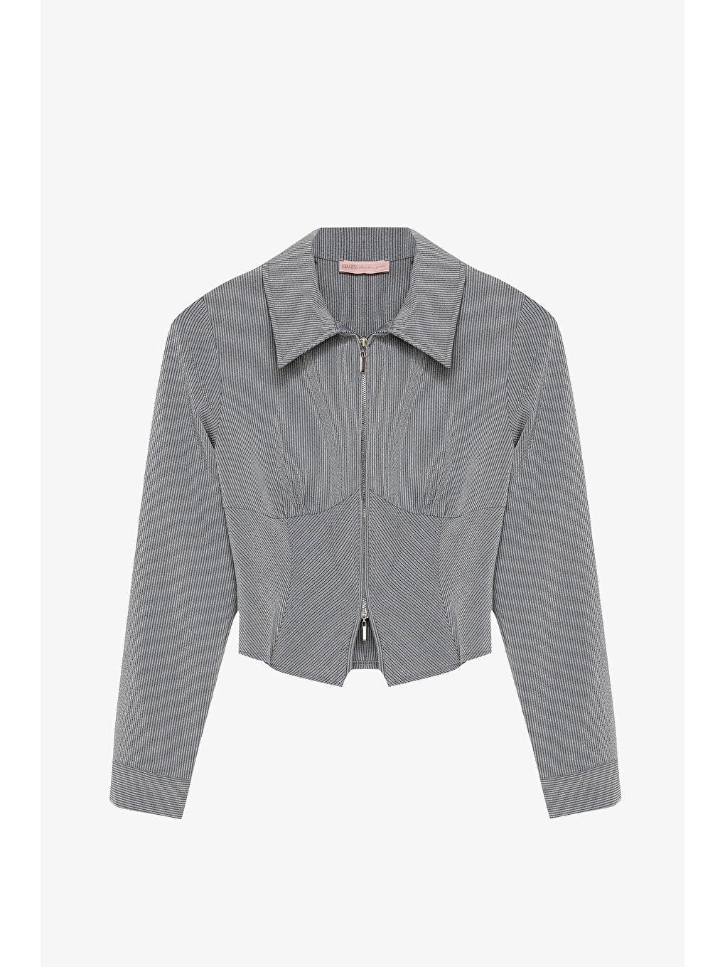 Klasik Yaka Önü Fermuarlı Dokulu Gömlek Gri