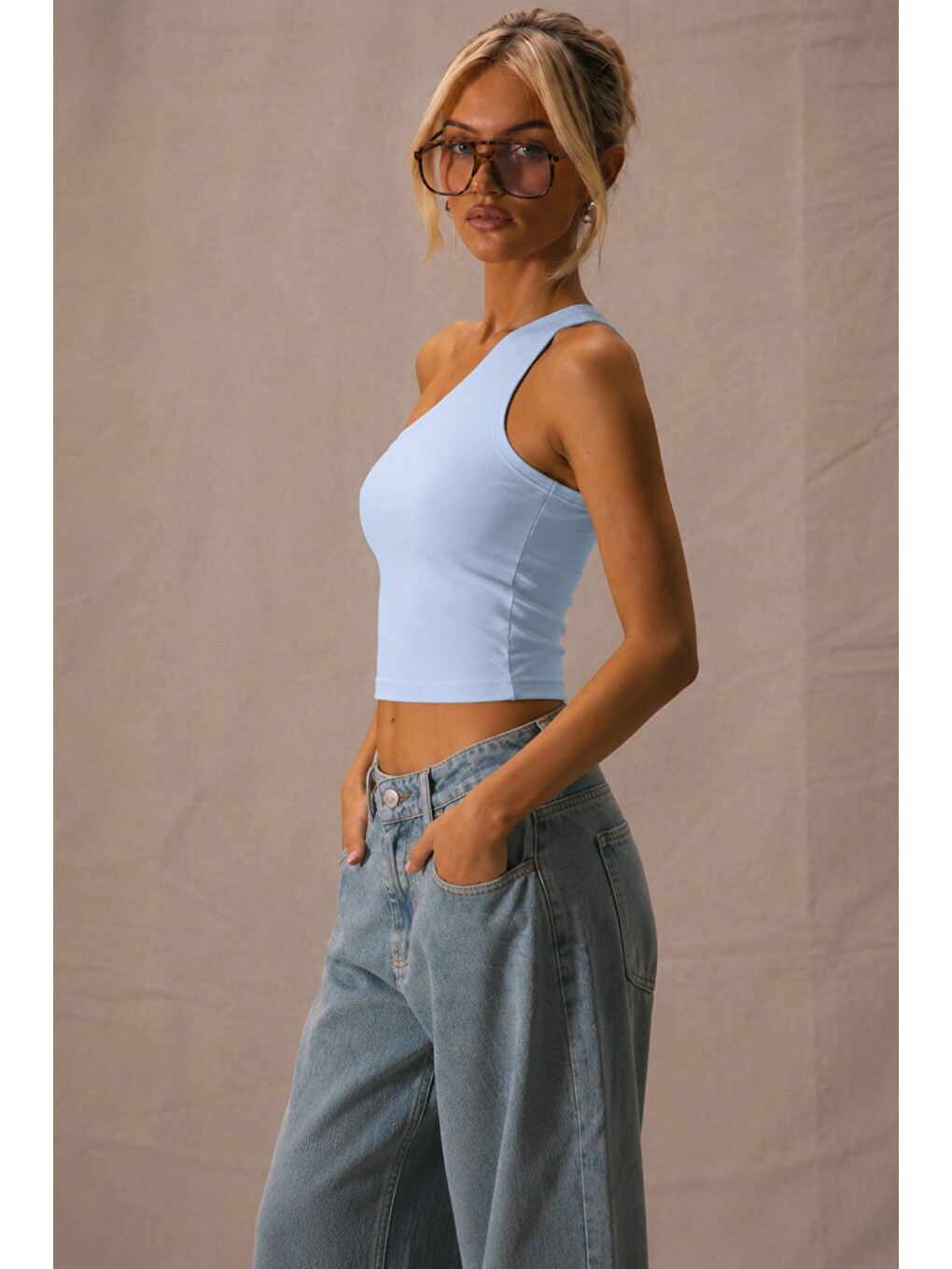 Mavi Kadın Tek Omuz Crop Atlet Esnek Slim Fit Süprem Kumaş Asimetrik Yaka Bluz-2