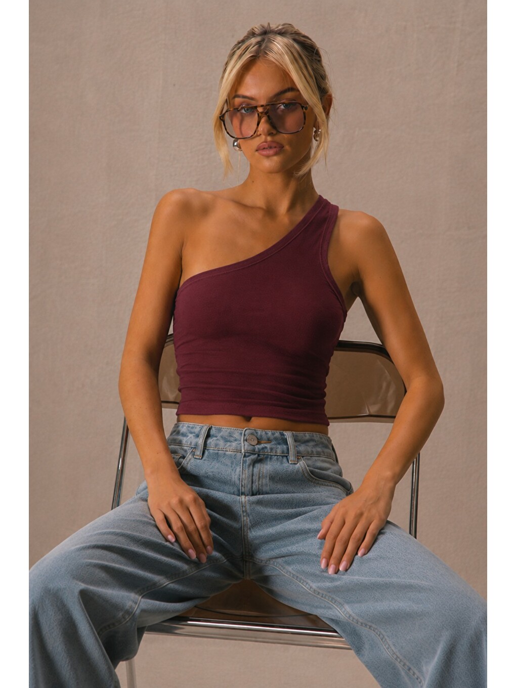 Bordo Kadın Tek Omuz Crop Atlet Esnek Slim Fit Süprem Kumaş Asimetrik Yaka Bluz-1