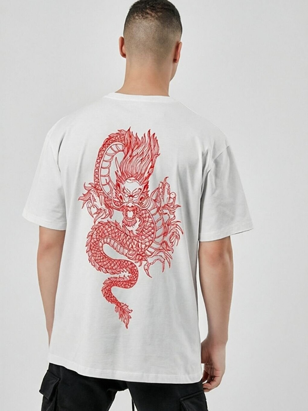 Beyaz Dragon Baskı %100 Organik Pamuk Örme Oversize Tişört