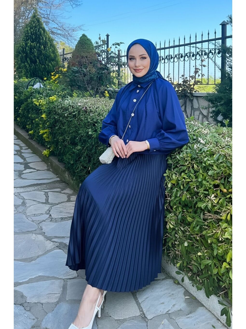 Kadın Piliseli Uzun Etek Lacivert-2