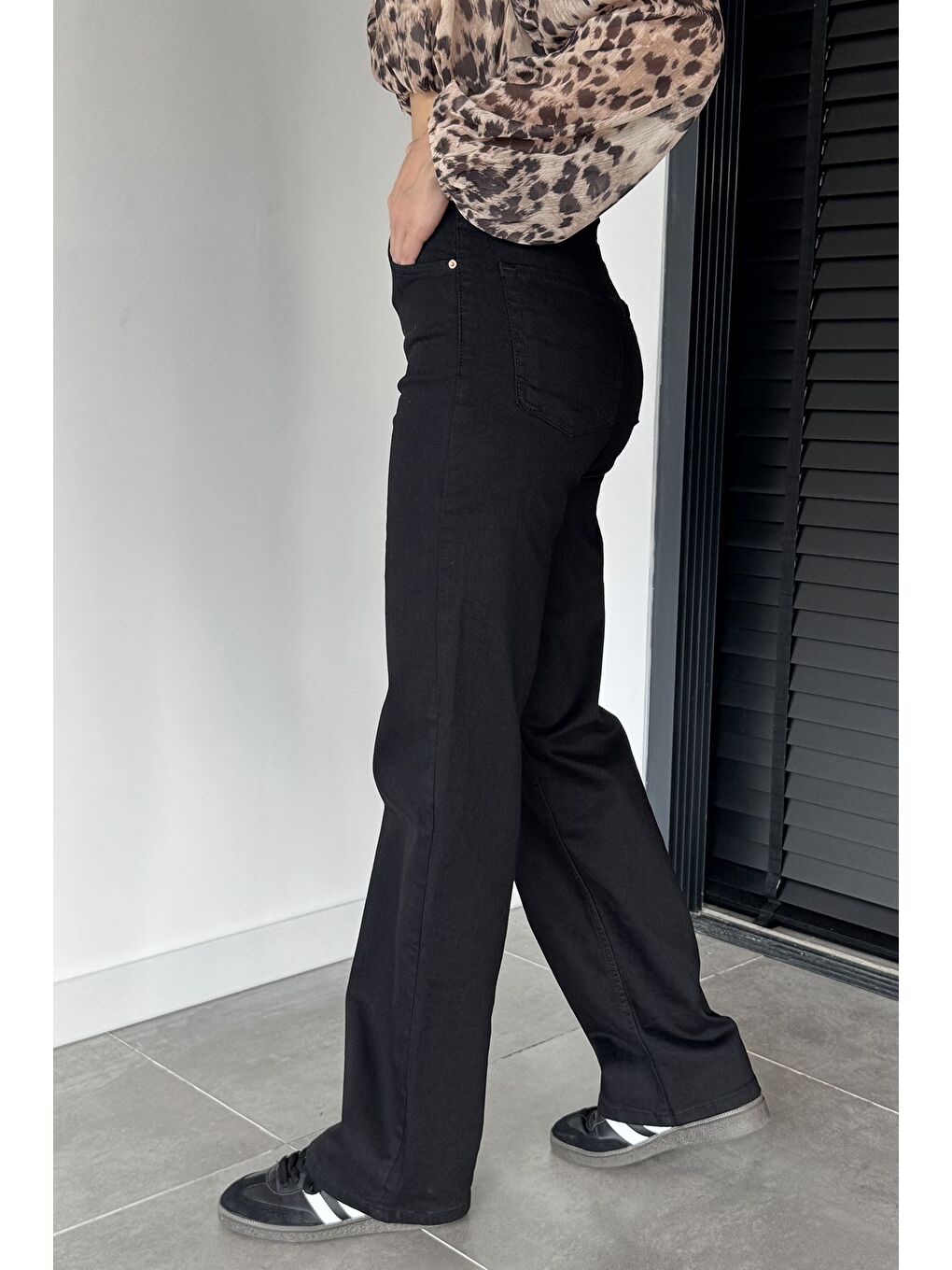 Siyah Kadın Yüksek Bel Elastanlı Palazzo Jean Jean Pantolon-2