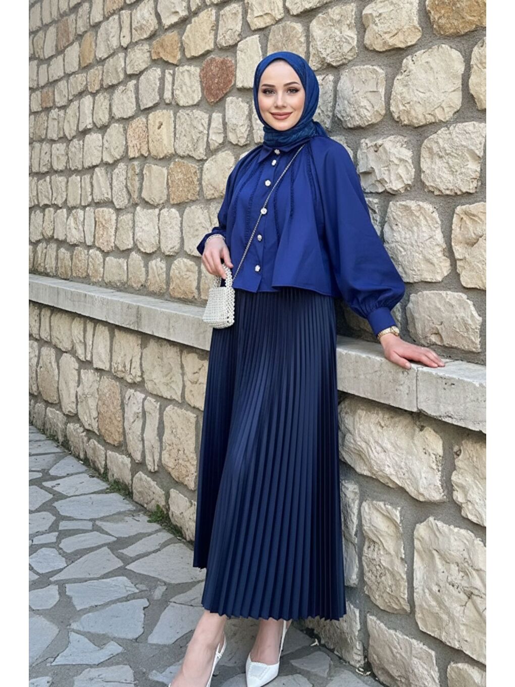 Kadın Piliseli Uzun Etek Lacivert-4