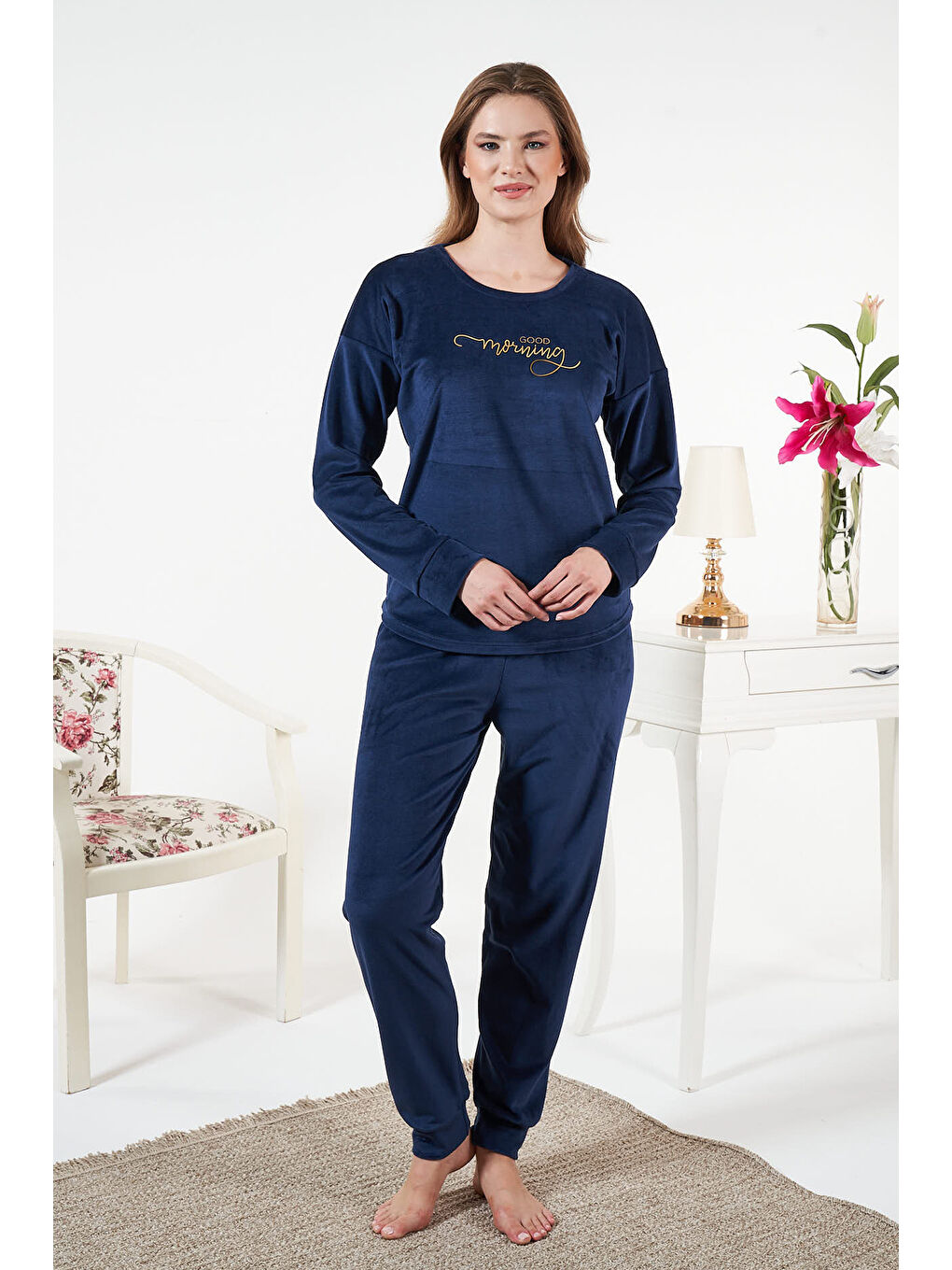 Kadın Kadife Pijama Takımı 25386 Lacivert-3