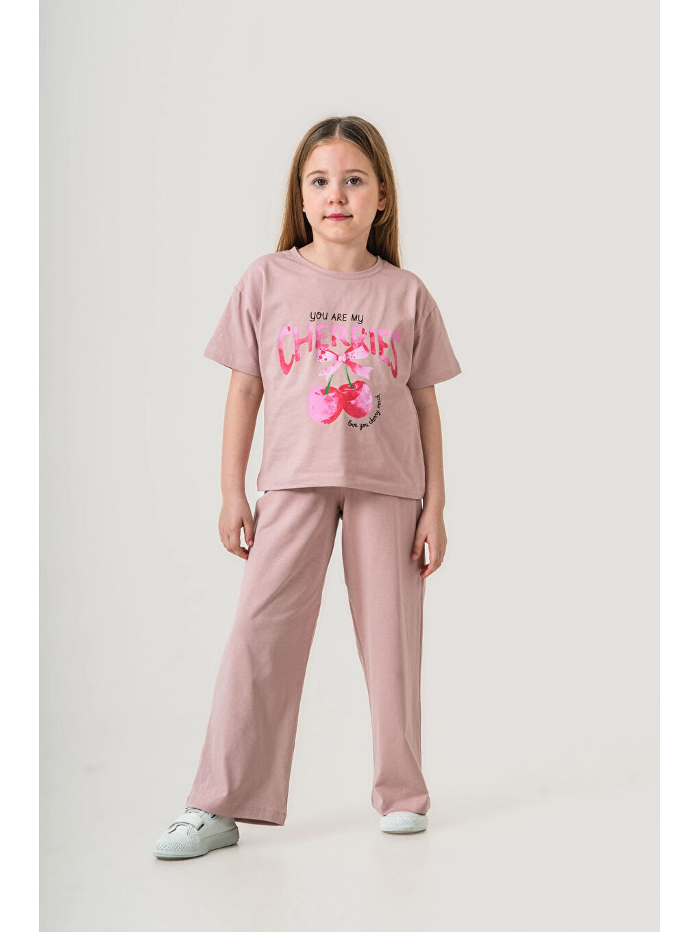 Pembe Cherries Baskılı Kız Çocuk Takım 035-1