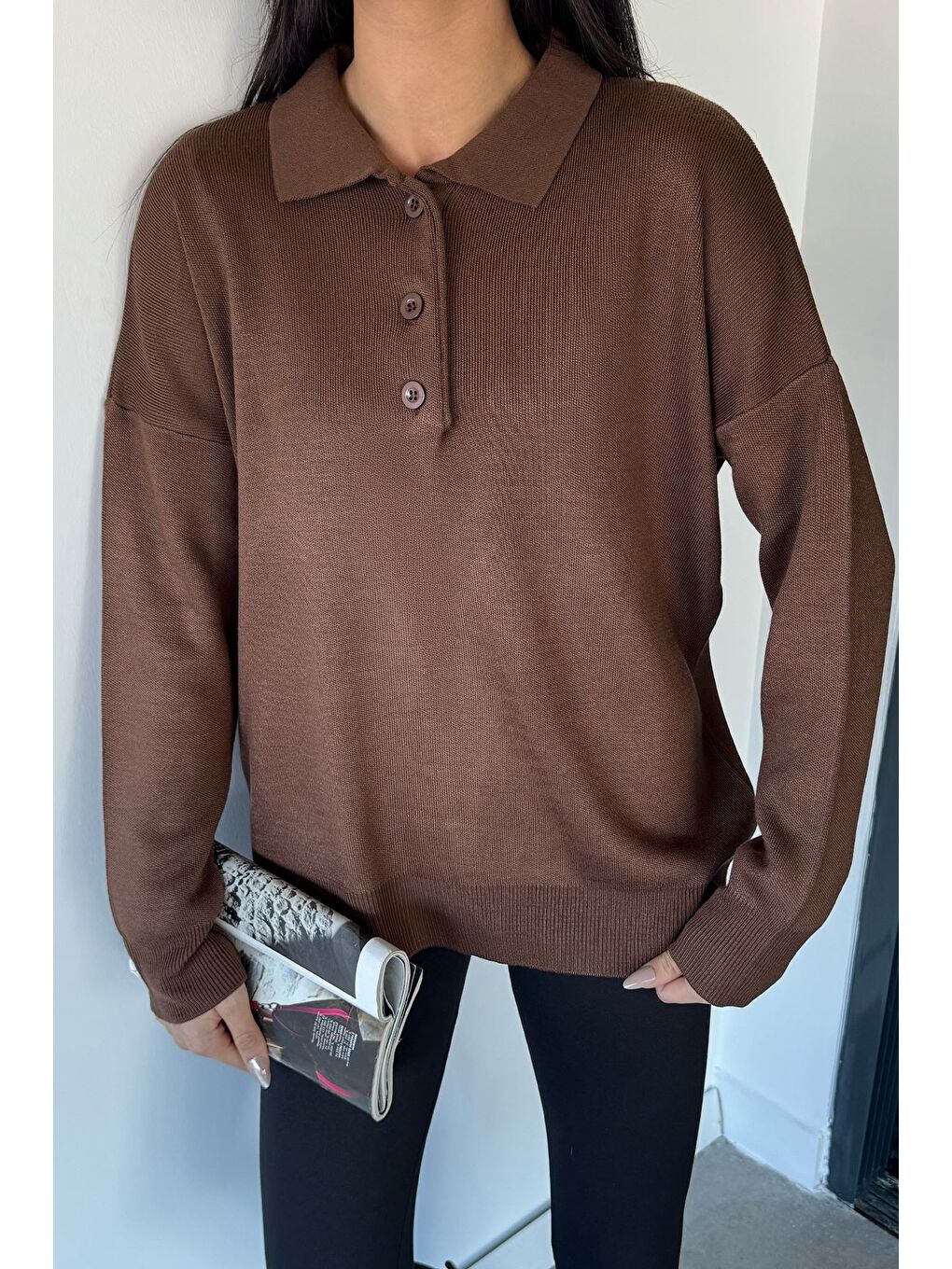 Kahverengi Kadın Yarım Düğmeli Triko Kazak