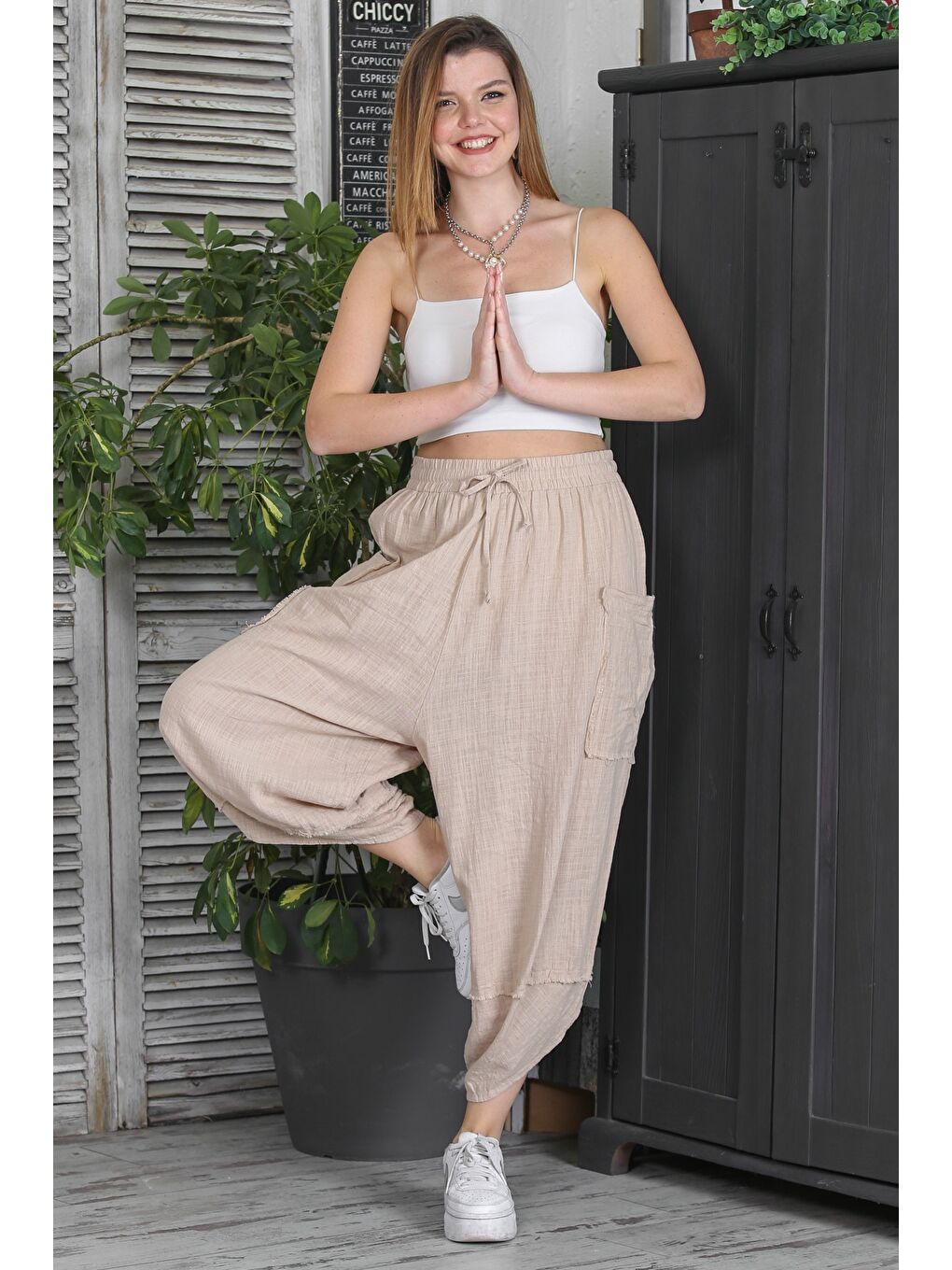 Kahverengi İtalyan Camel Çift Cepli Yıkamalı Lastikli Bel Şalvar Paça Casual Dokuma Pantolon