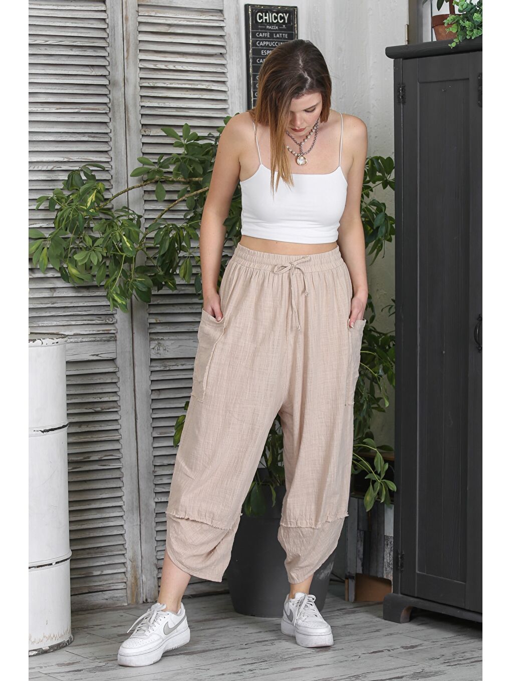 Kahverengi İtalyan Camel Çift Cepli Yıkamalı Lastikli Bel Şalvar Paça Casual Dokuma Pantolon-2