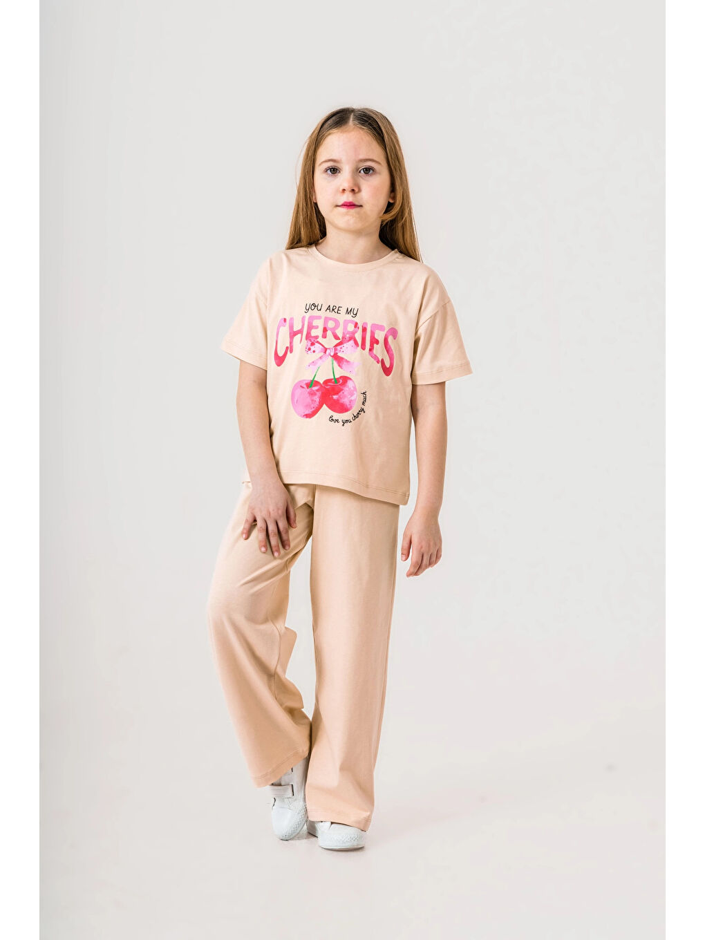 Bej Cherries Baskılı Kız Çocuk Takım 035-2