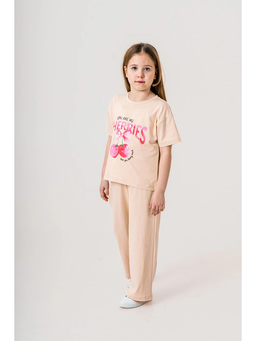 Bej Cherries Baskılı Kız Çocuk Takım 035-3