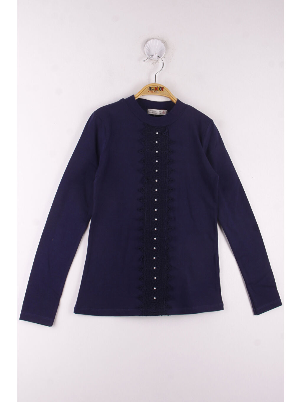 Lacivert Kız Çocuk Önü Dantelli Okul Tişört