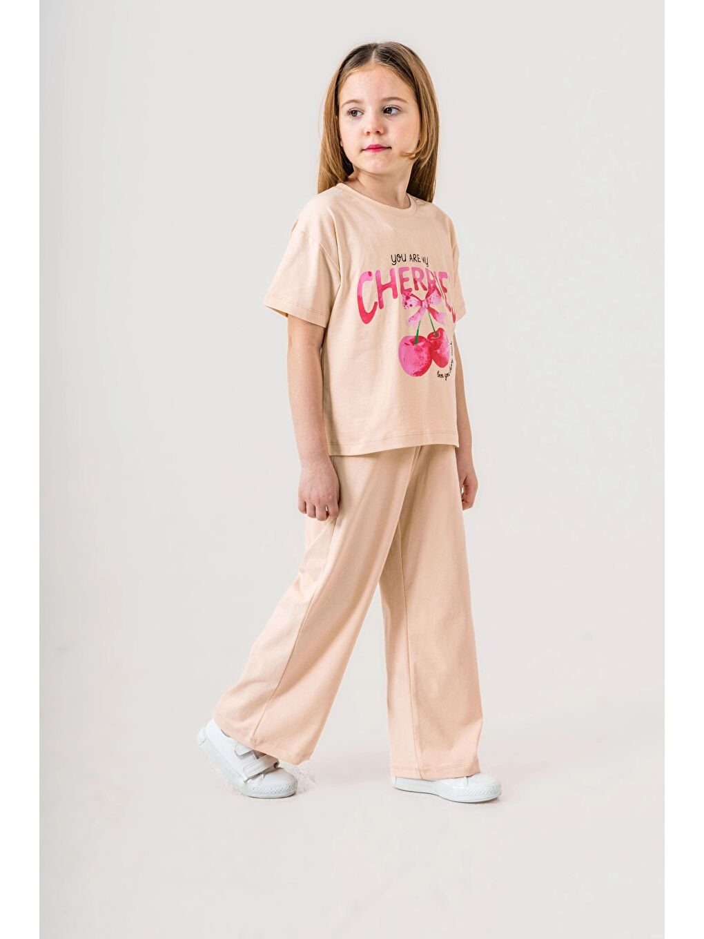 Bej Cherries Baskılı Kız Çocuk Takım 035-4