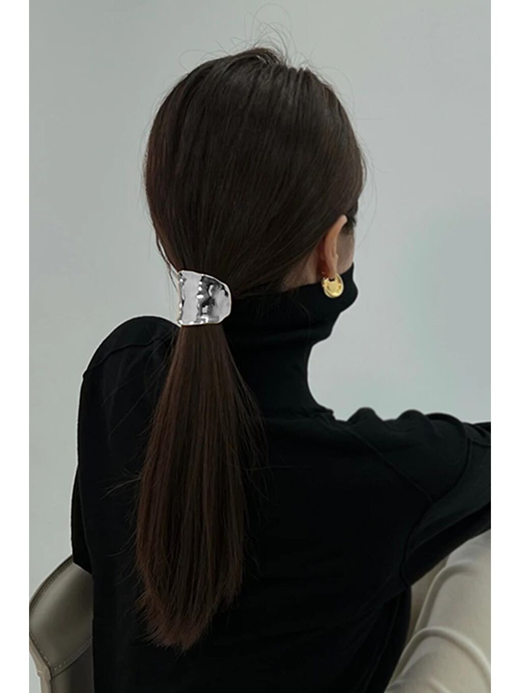 Gri Dalgalı Çelik Yüksek At Kuyruğu Tokası Saç Kelepçesi Ponytail Cuff-1