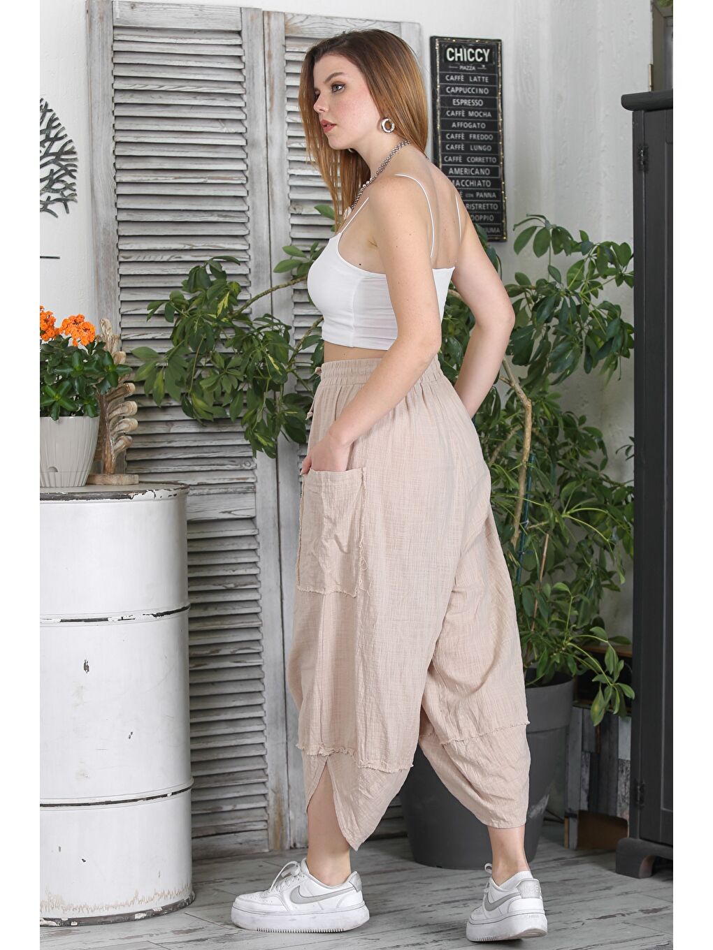 Kahverengi İtalyan Camel Çift Cepli Yıkamalı Lastikli Bel Şalvar Paça Casual Dokuma Pantolon-6