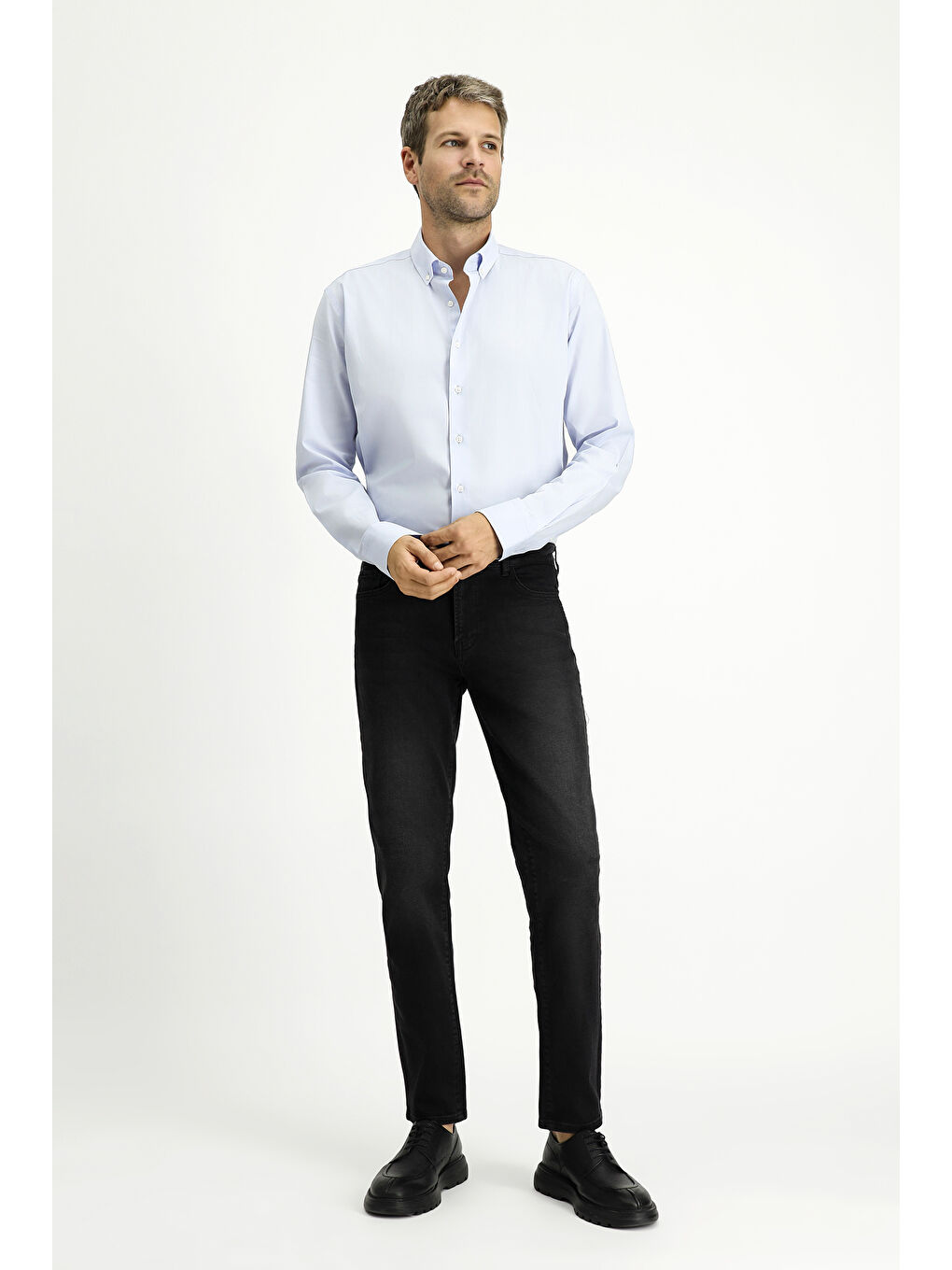 Mavi Uzun Kol Slim Fit Dar Kesim Pamuk Oxford %100 Pamuk Gömlek-1