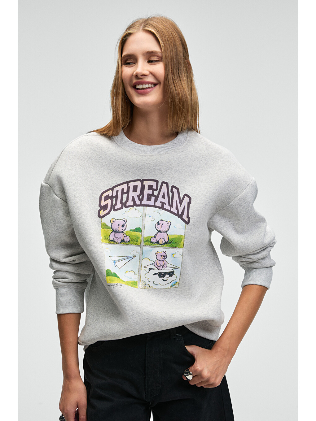 Progrısto Kadın Puff Baskı Detaylı Regular Fit Gri Melanj Sweatshirt-1