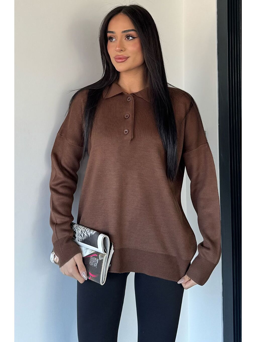 Kahverengi Kadın Yarım Düğmeli Triko Kazak-1