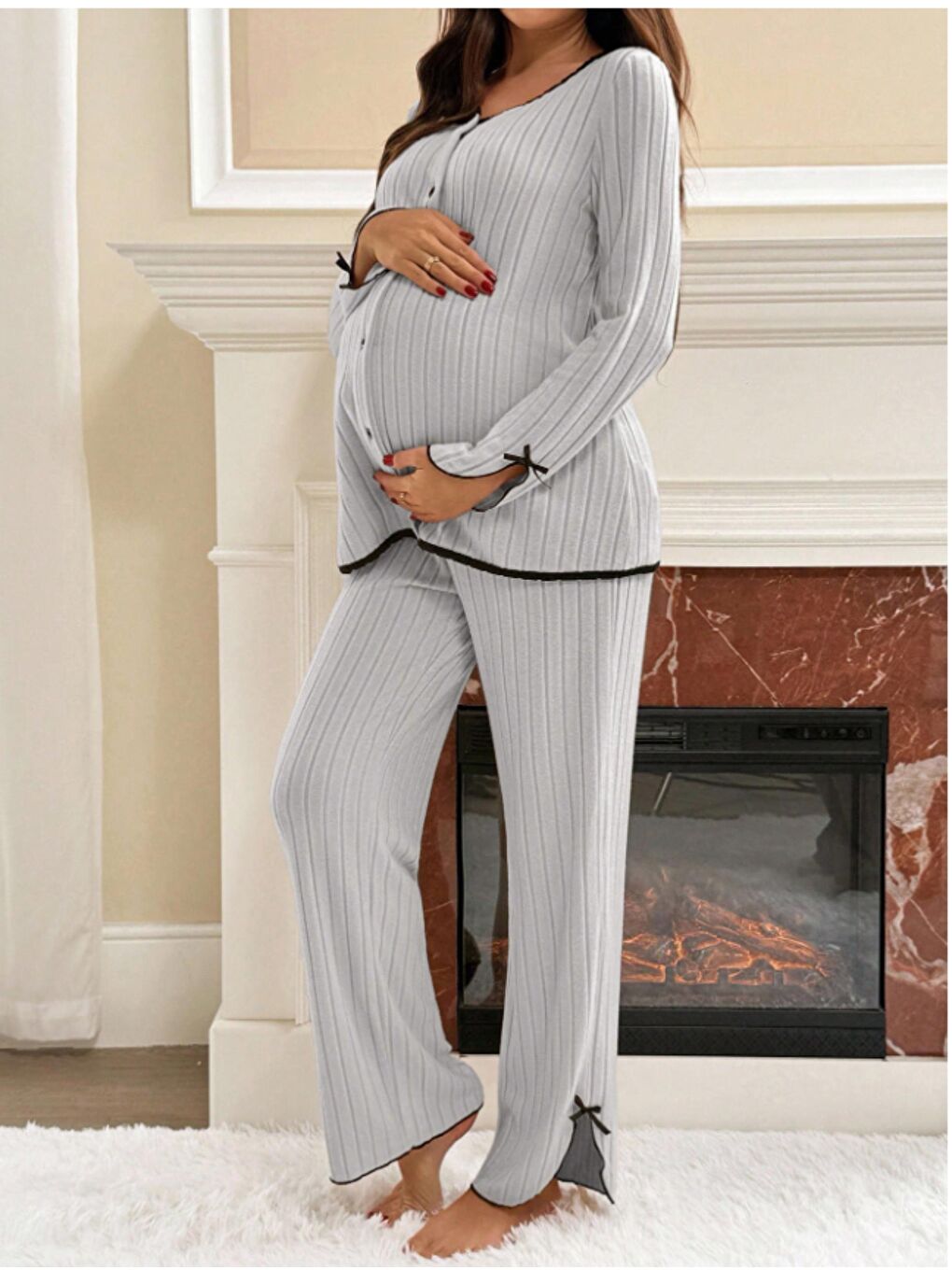 Gri Soft Elegance Yumoş Düğmeli Ayarlanabilir Bel Lohusa Pijama Takımı