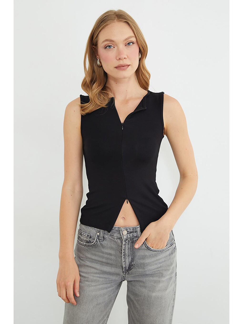Siyah Çift Fermuarlı Slim Fit Bluz-1