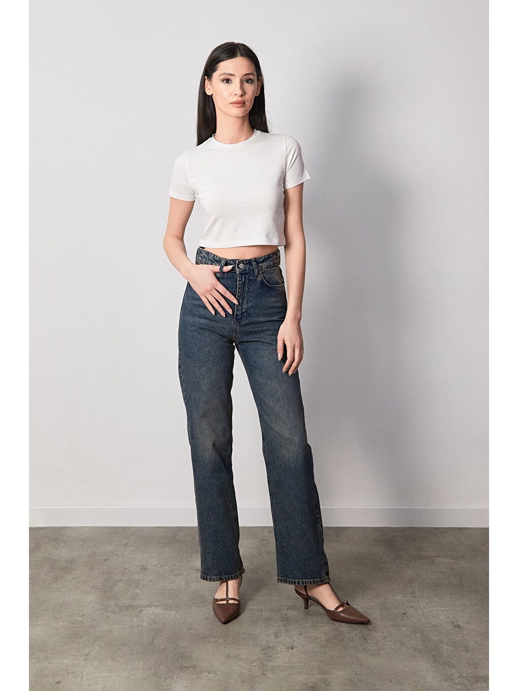 Fullamoda Mavi Yüksek Bel Düğmeli Wide Leg Jean