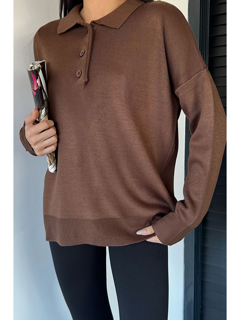 Kahverengi Kadın Yarım Düğmeli Triko Kazak-2