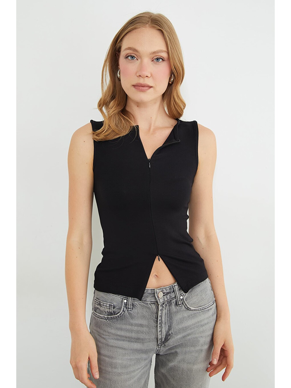 Siyah Çift Fermuarlı Slim Fit Bluz-3