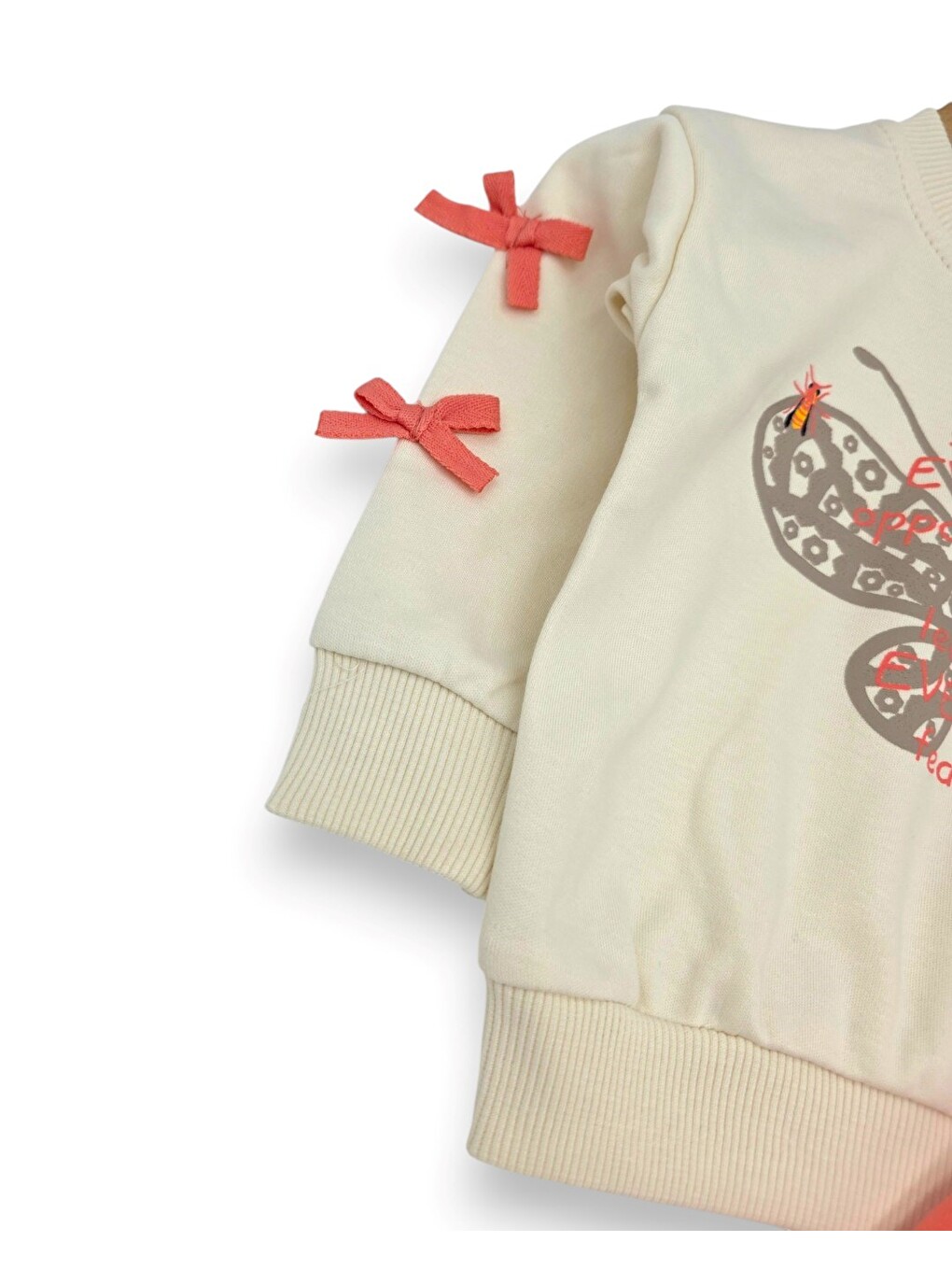 Bej Kız Bebek Kelebek Basklı Kolları Fiyonklu Takım-3
