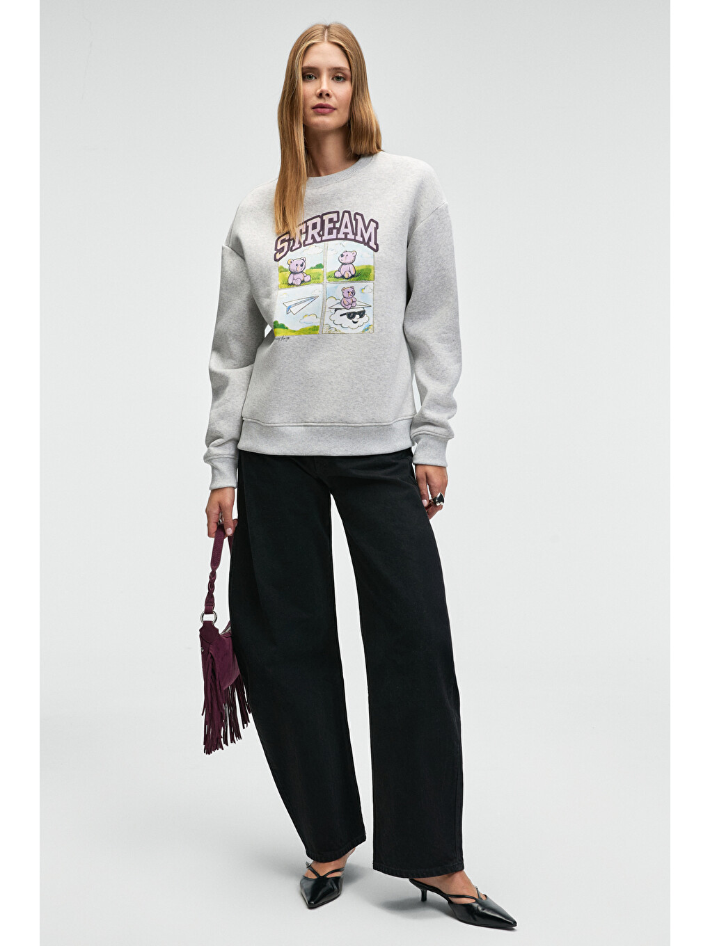 Progrısto Kadın Puff Baskı Detaylı Regular Fit Gri Melanj Sweatshirt-3