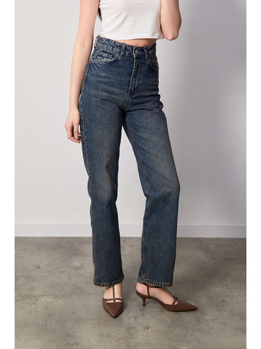 Fullamoda Mavi Yüksek Bel Düğmeli Wide Leg Jean - 1