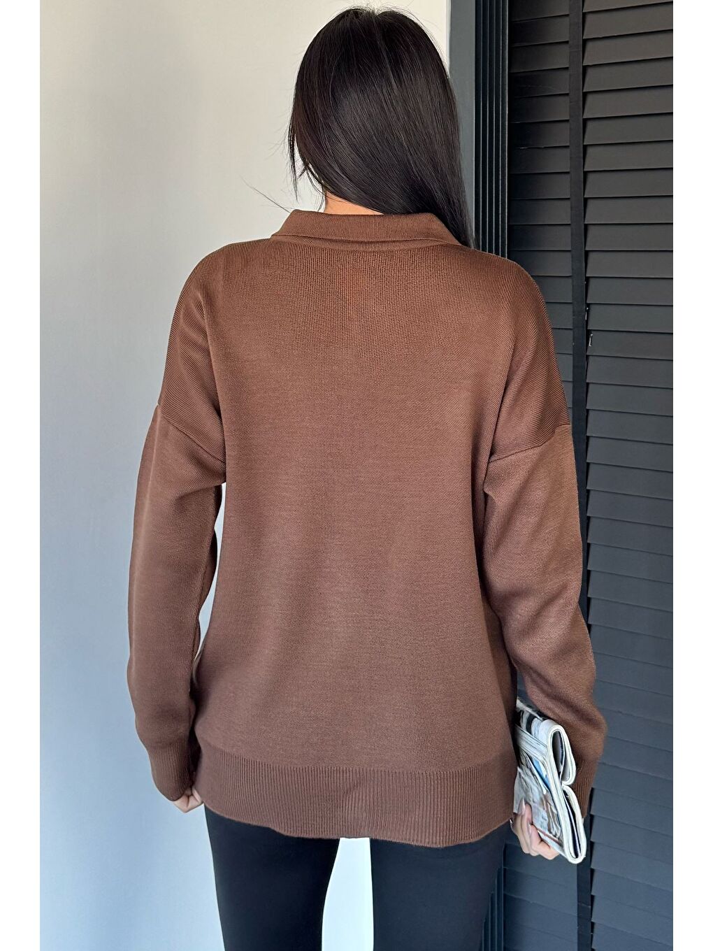 Kahverengi Kadın Yarım Düğmeli Triko Kazak-3