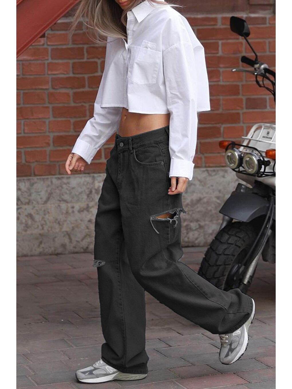 Siyah Yırtık Detaylı Palazzo Jean Mg1560-5