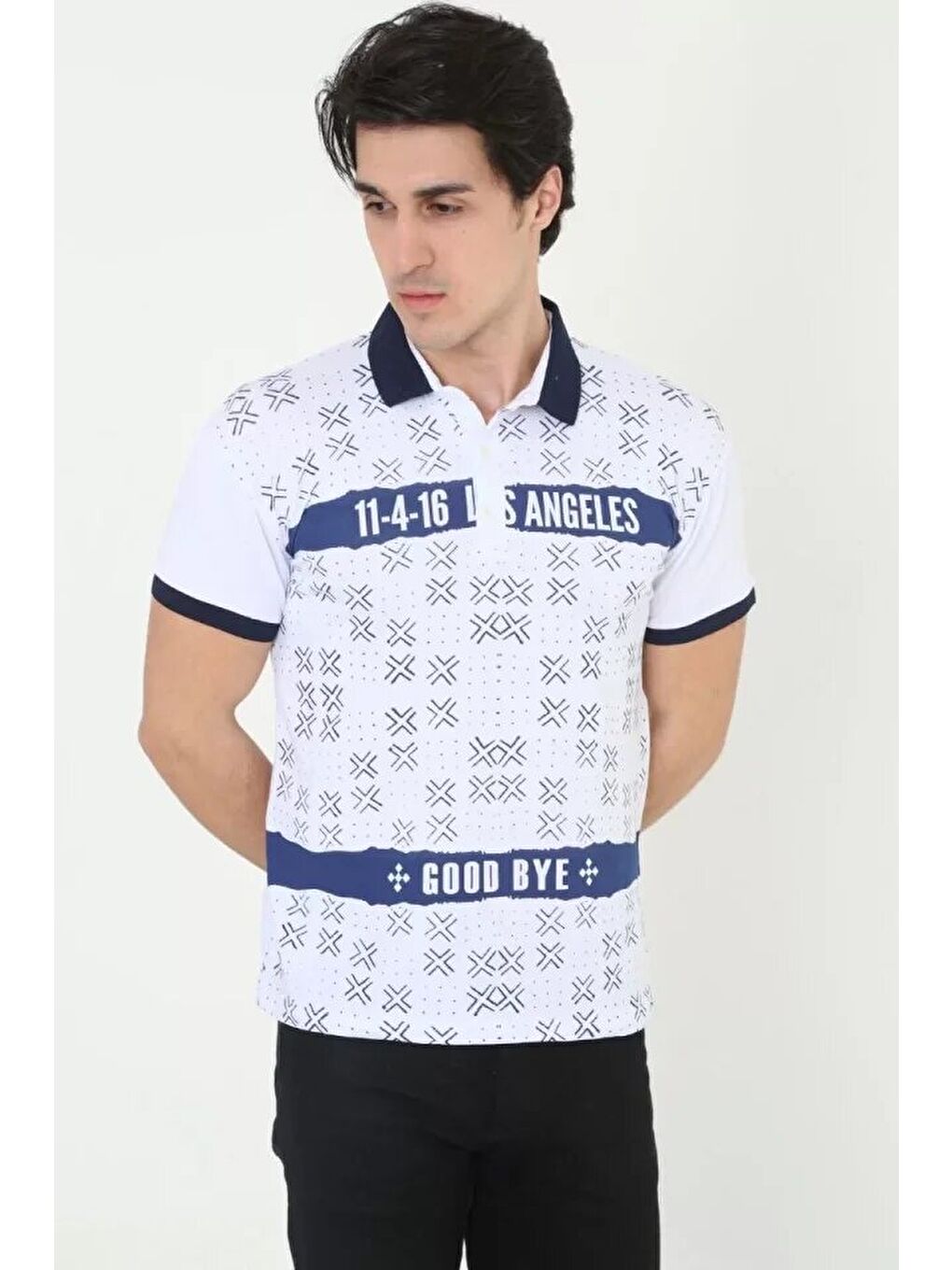 Erkek Yakalı Slim Fit Baskılı T-Shirt - Beyaz-3