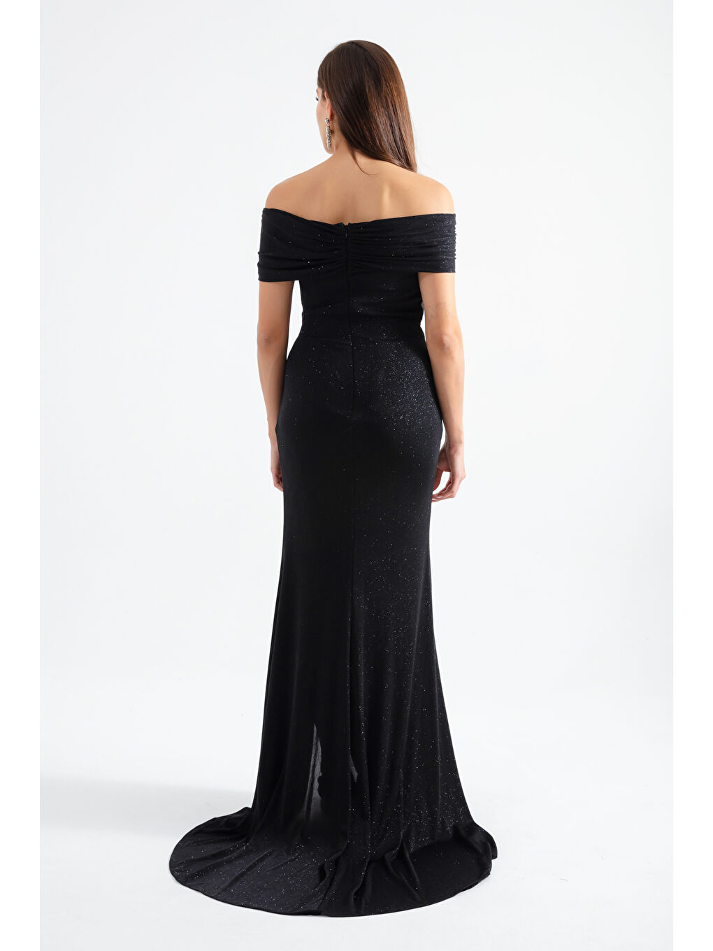 Kadın Siyah Kayık Yaka Simli Uzun Abiye-4